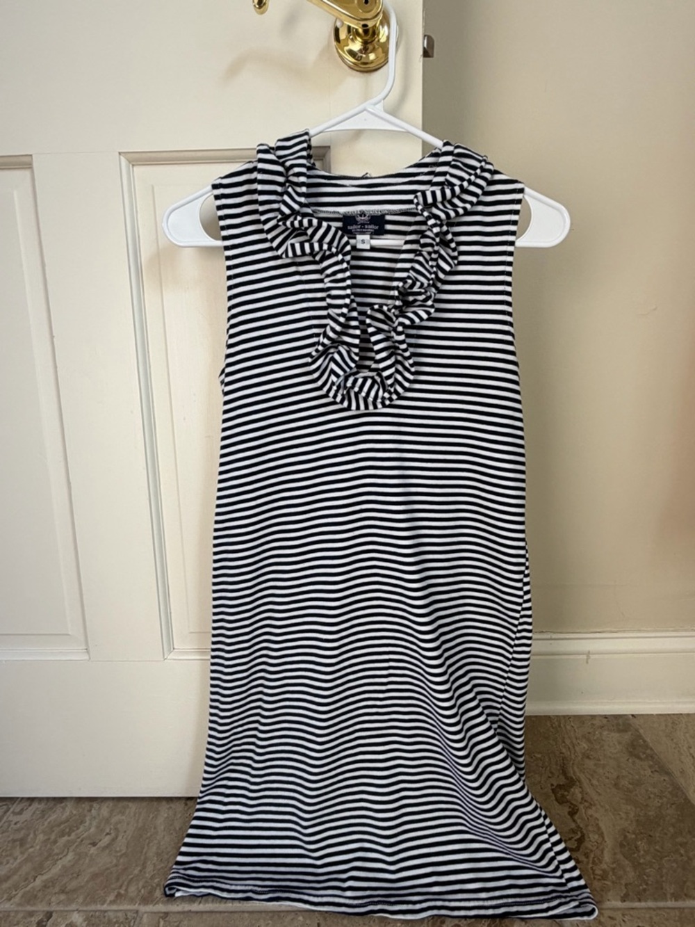 Sailor-Sailor Striped Ruffle Neck Sleeveless Dress - Navy and White